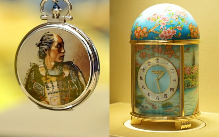 木象嵌の懐中時計と七宝のテーブルクロック